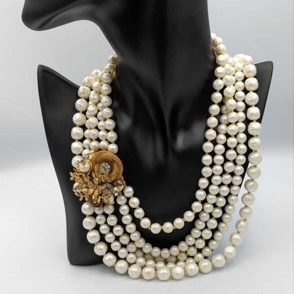 Miriam Haskell Unsigned Multi Strand Faux Pearl Ornate Gold floral & Rhinestone - Picture 3 of 13